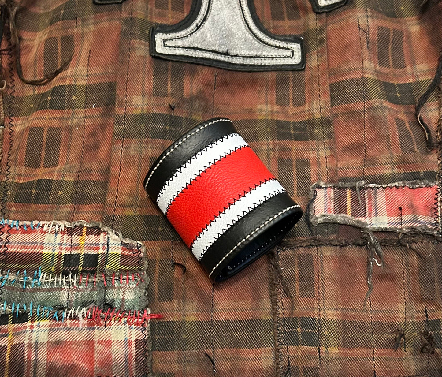 Red, white & black leather cuff